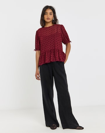 Burgundy Dobby Mesh Polka Dot Puff Sleeve Top