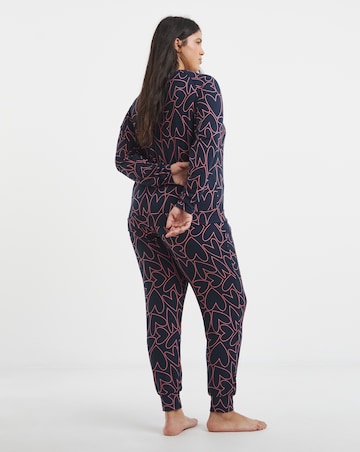 Pretty Secrets Soft Knit Crew Neck Heart Print Pyjama Set Navy