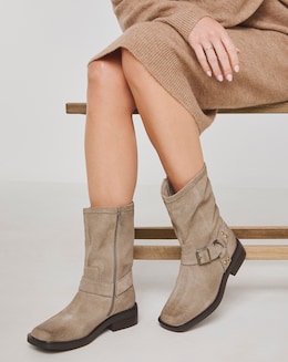 Orlando Suede Harness Buckle Ankle Biker Boots - Wide Fit (E)