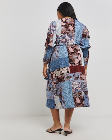 Mixed Print Shirred Sleeve Wrap Midi Dress