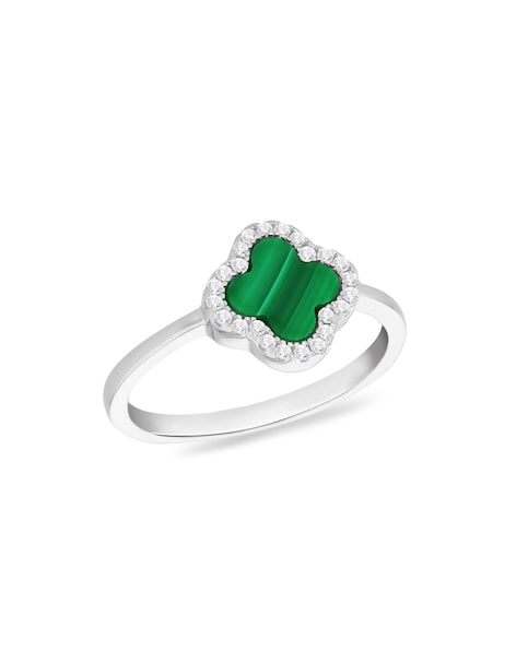 Sterling Silver Clover Malachite CZ Ring