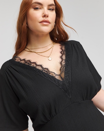 Black Waffle Lace Trim Skater Dress