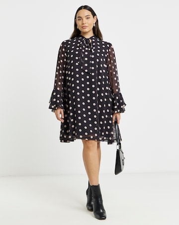 Simply Be Spot Print Swing Dress With Neck Tie Detail