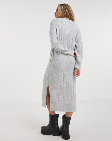 Grey V Neck Rib Midaxi Knitted Dress