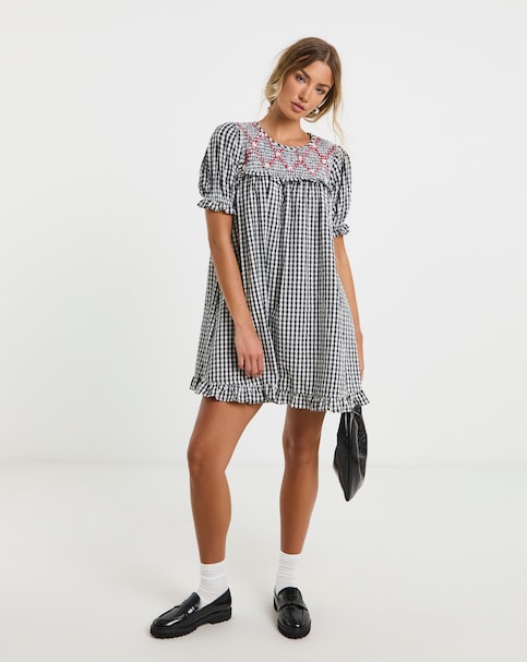 Neon Rose Gingham Smock Mini Dress with Red Contrast Smocking Stitch Detail