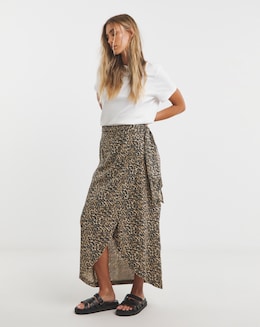 Leopard Linen Mix Wrap Midi Skirt