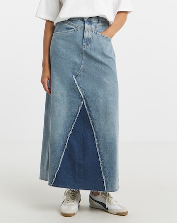 Simply Be Mid Blue Patchwork Fray Denim Maxi Skirt