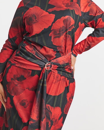 Red Floral Print Mesh Ruched Buckle Detail Midi Dress