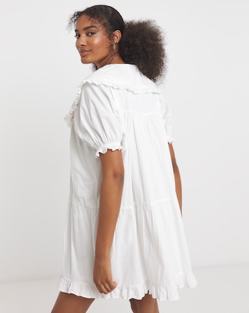 Neon Rose White Cotton Poplin Smock Dress with Strawberry Embroidery Collar