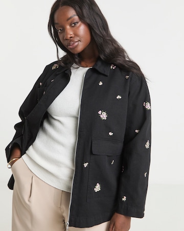 Washed Black Floral Embroidered Utility Shacket