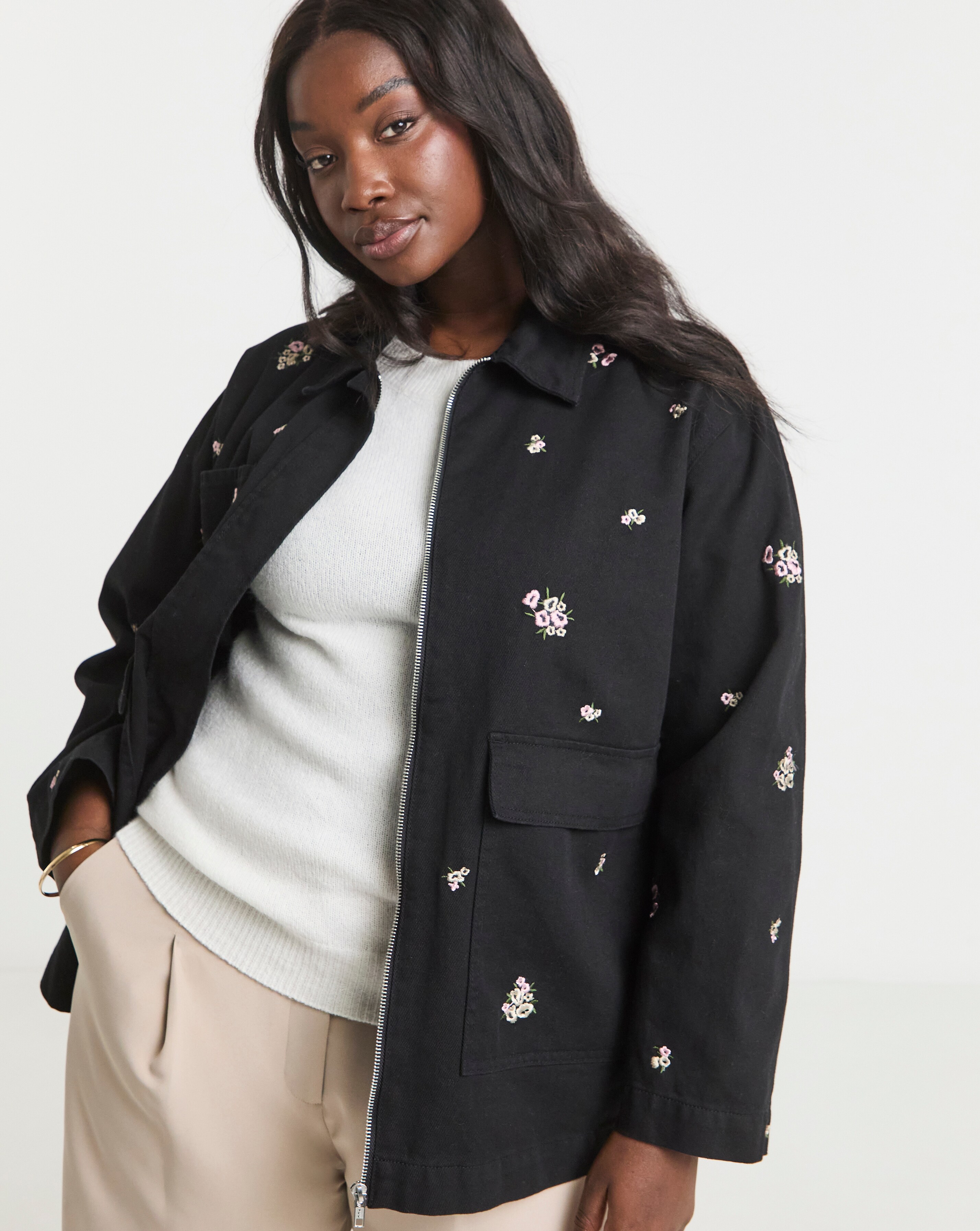 Simply Be Washed Black Floral Embroidered Utility Shacket