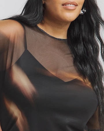 Black Blurred Printed Mesh T-Shirt Dress