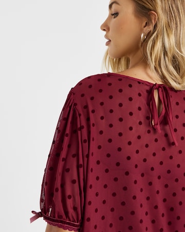Burgundy Dobby Mesh Polka Dot Puff Sleeve Top