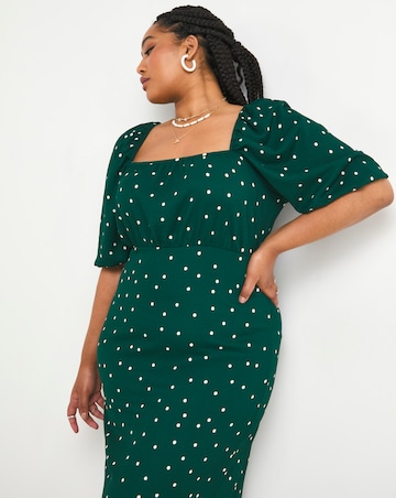 Green Spot Long Sleeve Milkmaid Waffle Midi Dress