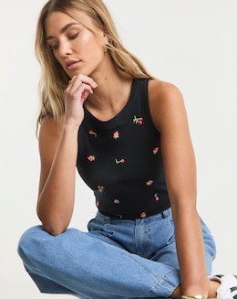 Black Ribbed Strawberry &amp; Cherry Embroidery High Neck Tank