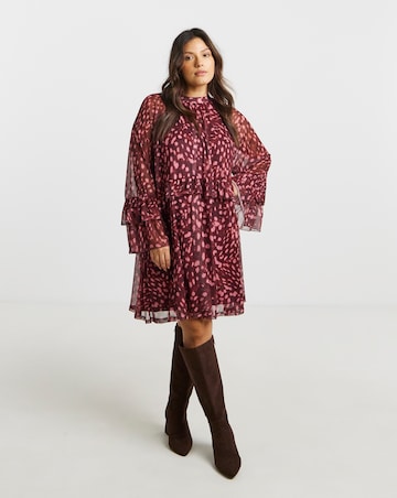 Burgundy Printed Romantic Frill Mesh Smock Dress