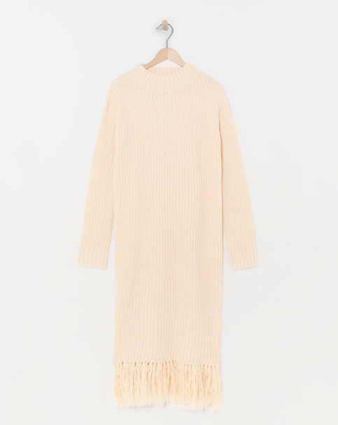 Cream Fringe Knitted Midi Dress