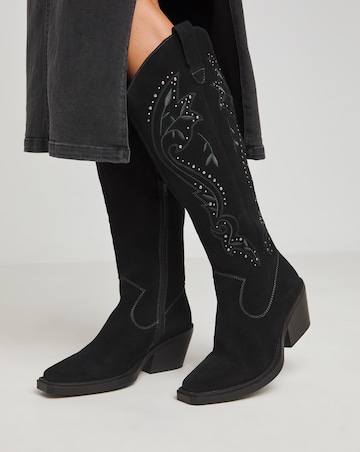 Venus Suede Embroidered Knee High Western Boots Wide E Fit Curvy Calf