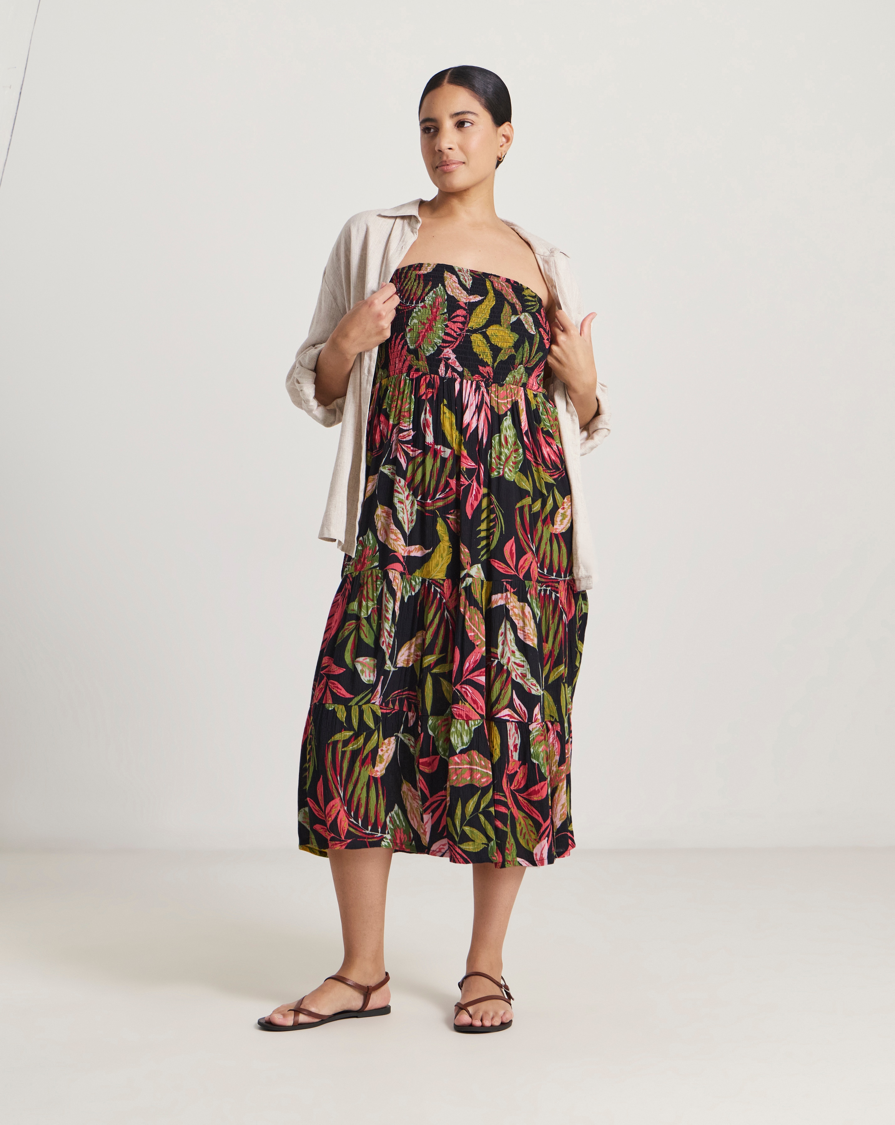 shirred bandeau beach dress Multi | Bold Print Bandeau Shirred Maxi Dress