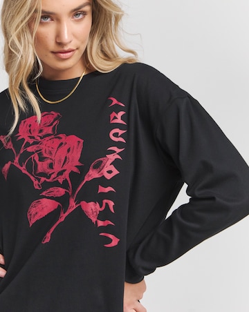 Black Long Sleeve Graphic T-Shirt Midi Dress