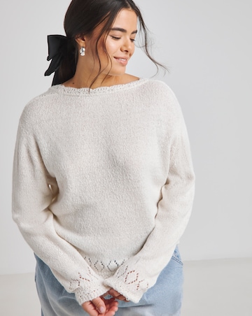 Cream Pointelle Fluffy Scallop Edge Cardigan