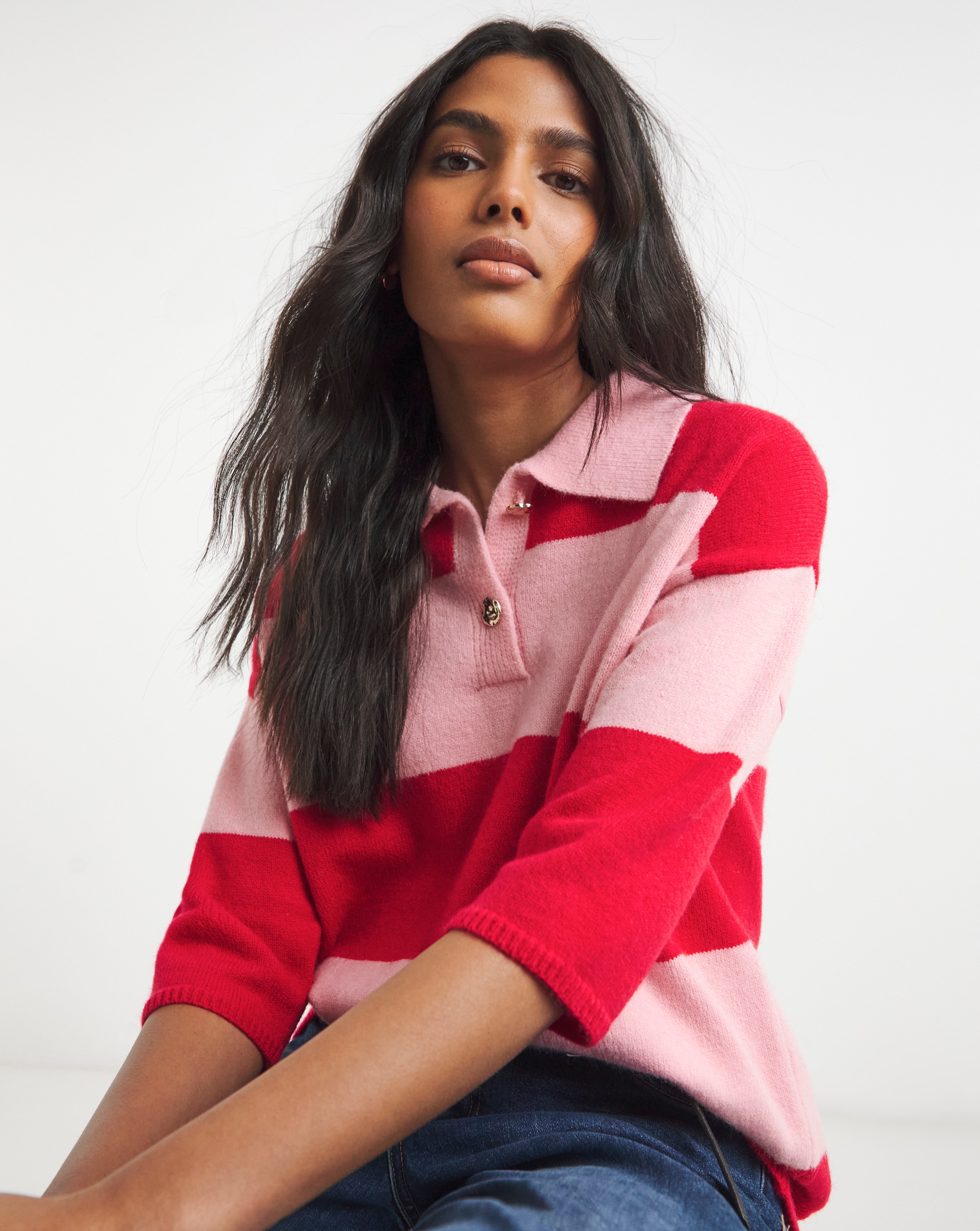 Simply Be Pink and Red Rugby Stripe Knitted Polo | Simply Be