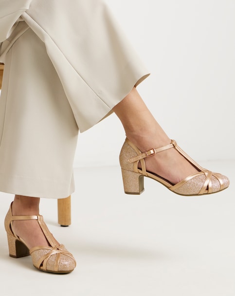 Dolores Low Block Heel T Bar Shoes - Extra Wide Fit (EEE)