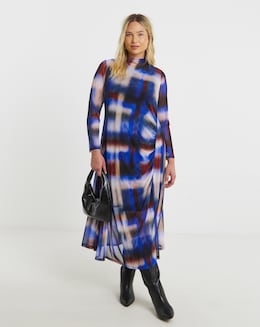 Check Print Ruched Mesh Midi Dress
