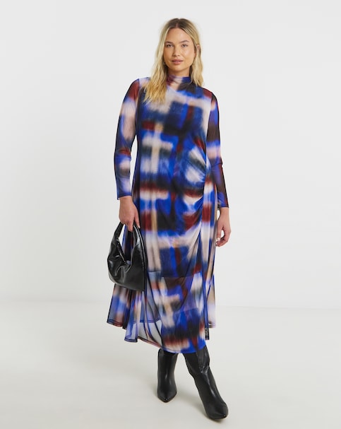 Check Print Ruched Mesh Midi Dress