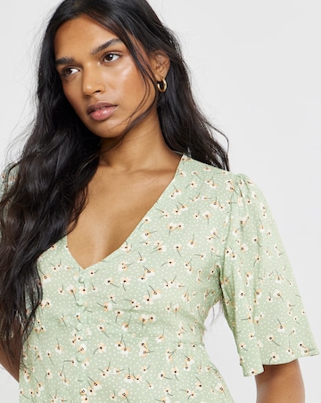 Sage Ditsy Print Spun Viscose Button Up Midi Dress