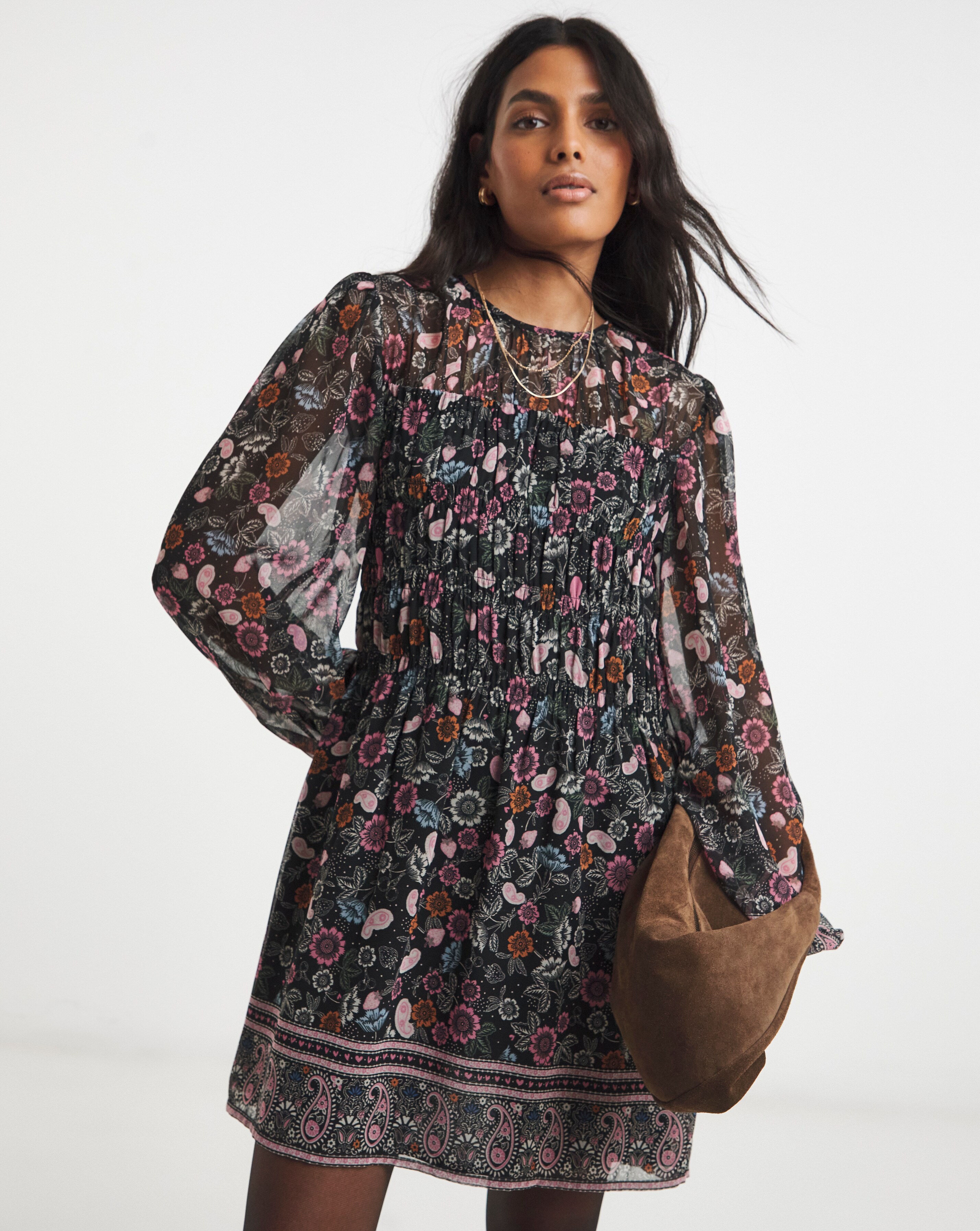 Shirred Floral Border Print Skater Dress