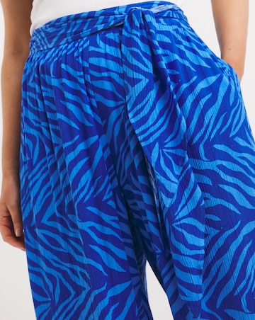Blue Zebra Print Crinkle Tie Waist Wide Leg Trouser