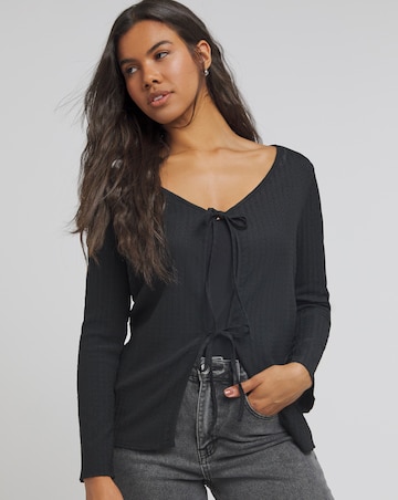 Black Textured Tie Front Cardigan