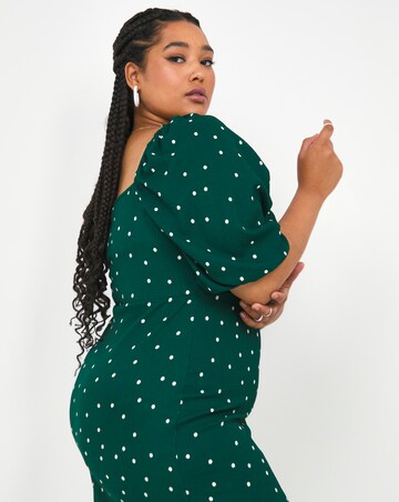 Green Spot Long Sleeve Milkmaid Waffle Midi Dress
