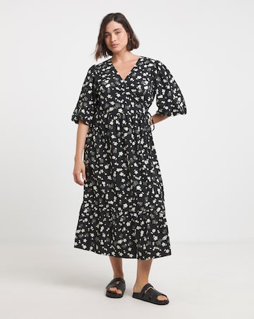 Ditsy Print Puff Sleeve Wrap Midi Dress