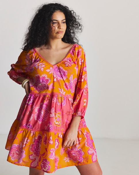 Figleaves Cotton Contrast Floral Tiered Mini Beach Dress