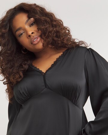 Black Lace Trim Satin Blouse