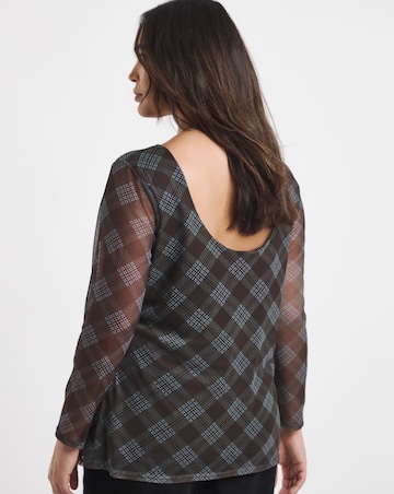 Burgundy & Pink Check Print Mesh Scoop Back Top