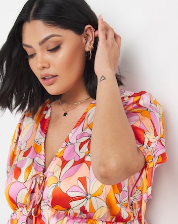 Retro Floral Print Satin Ruffle Front Blouse