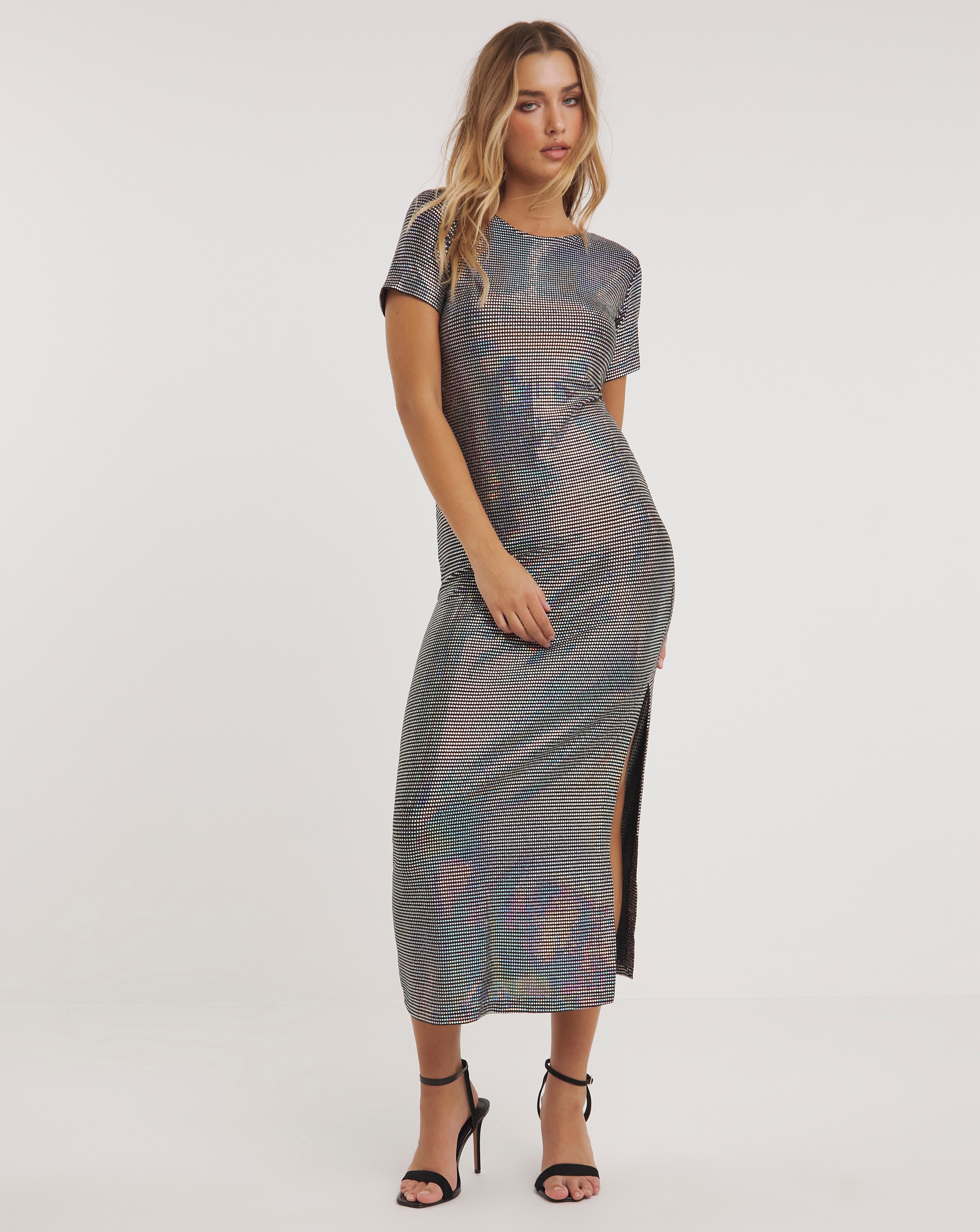 Silver Irredescent Foil Midaxi Column Dress Simply Be