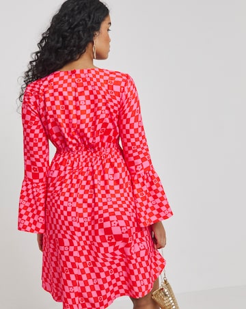 Twisted Wunder Pink Flower Check Flared Sleeve Mini Dress