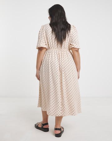 Spot Print Button Through Midi Dress With Pockets