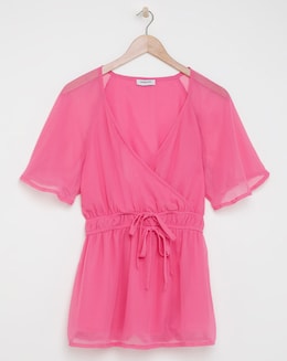 Pink Georgette Blouse With Angel Sleeve and Waist Detail