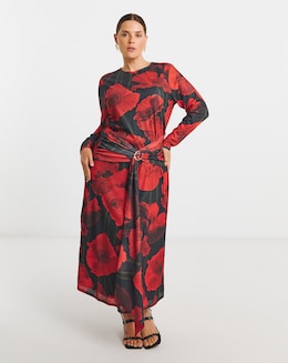 Red Floral Print Mesh Ruched Buckle Detail Midi Dress