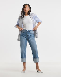 Mid Blue Cropped Turn Up Wide Leg Jeans