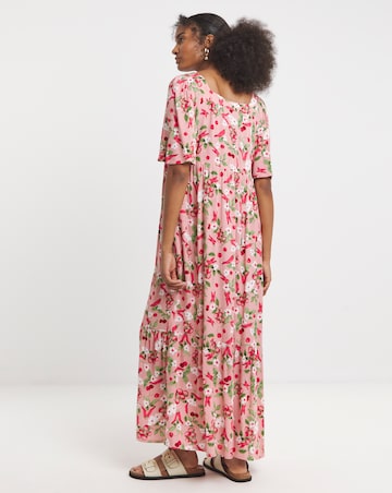 Pink Print Crinkle Button Through Maxi Dress