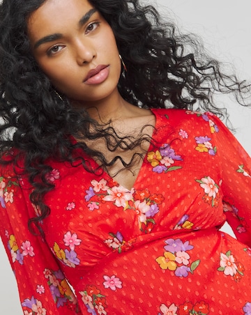 Twisted Wunder Red Floral Dobby Chiffon Frill Sleeve Blouse