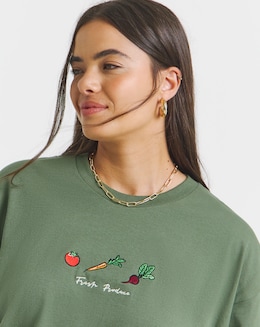 Khaki Vegetable Embroidery T-Shirt
