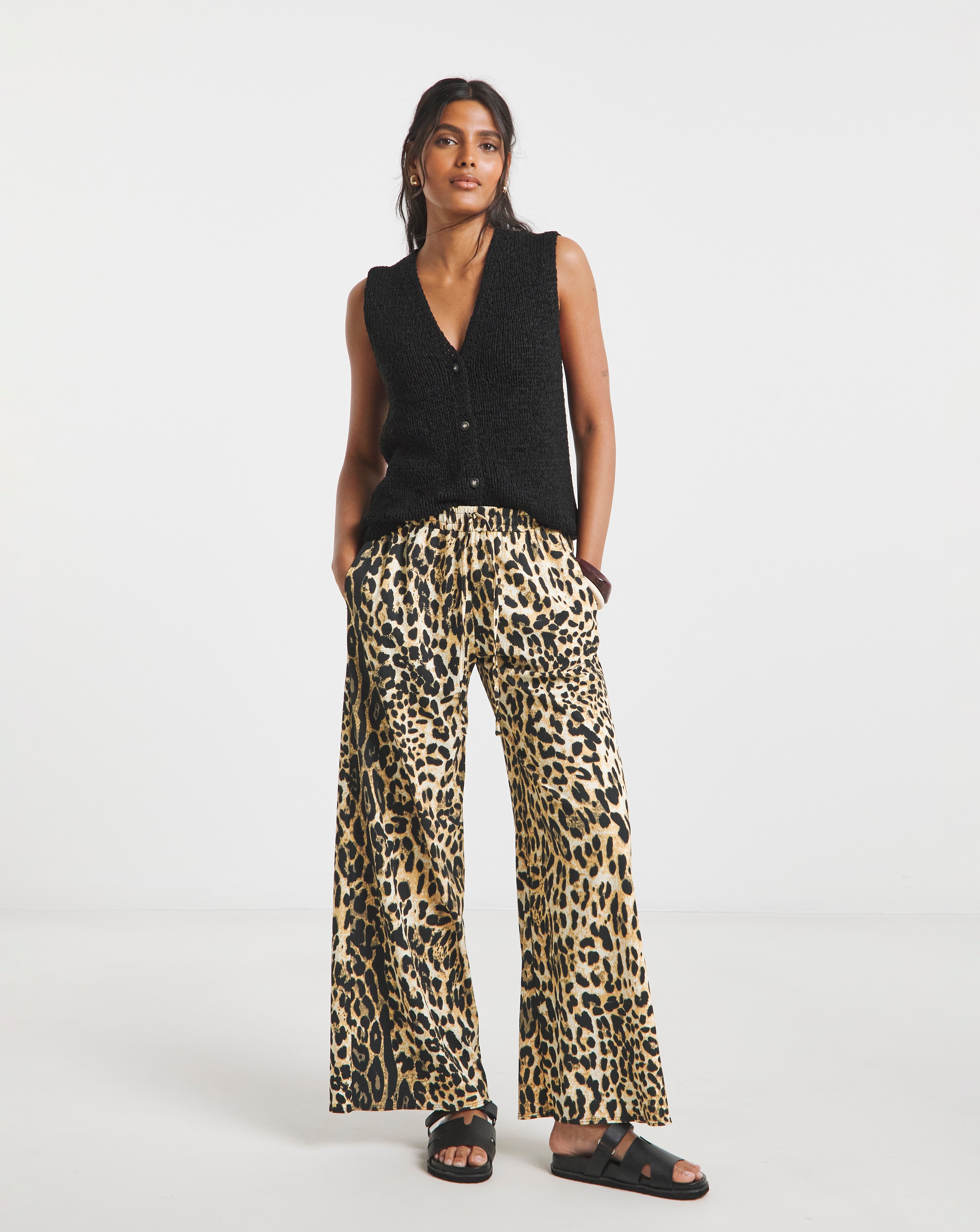 Leopard Print Drawcord Waist Wide Leg Trouser | Simply Be