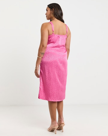 Pink Satin Jacquard Ruched Slip Midi Dress With Split